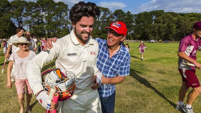 Red Hill batsman Lincoln Toy is congratulated after the win.