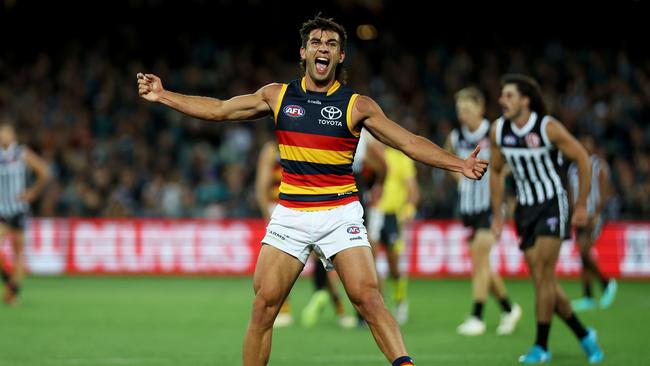 Adelaide’s Josh Rachele celebrates a goal during the April 1 Showdown between Port Adelaide Adelaide at Adelaide Oval. (Photo by James Elsby/AFL Photos via Getty Images)