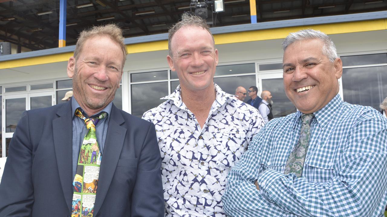 Matt Box, David Parker and Gus Daley at the 2023 Audi Centre Toowoomba Weetwood race day at Clifford Park Racecourse.