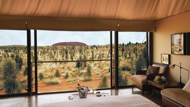 Longitude 131 hotel accommodation, view of Uluru from one of the rooms.