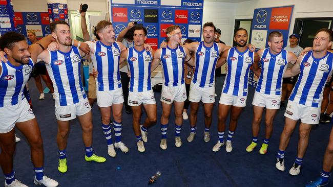 The Roos were in high spirits after beating West Coast. (Photo by Michael Willson/AFL Photos via Getty Images)