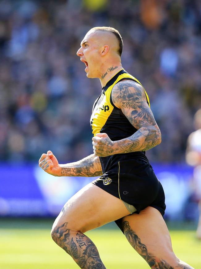 Dustin Martin of the Tigers celebrates a goal. Australia. Picture: Mark Stewart