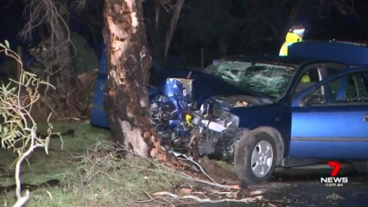 The woman died after her car struck a tree at the intersection of Upper Penneys Hill and Piggott Range roads in Onkaparinga Hills in 2019. Picture: 7NEWS