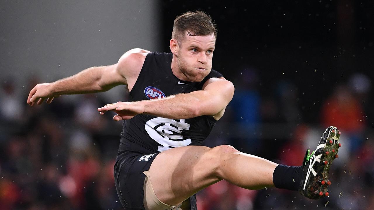 Sam Docherty launches Carlton forward during the 2017 campaign.