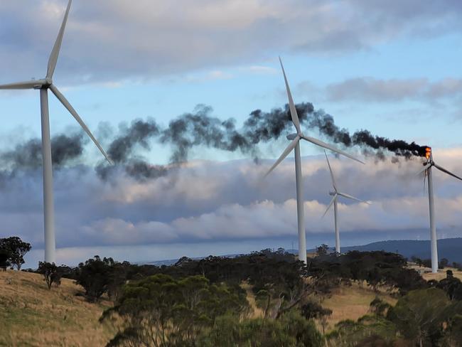 Wind turbine on fire at Breadalbane near Griffith on the Hume Highway. Picture credit NSW Rural Fire Service