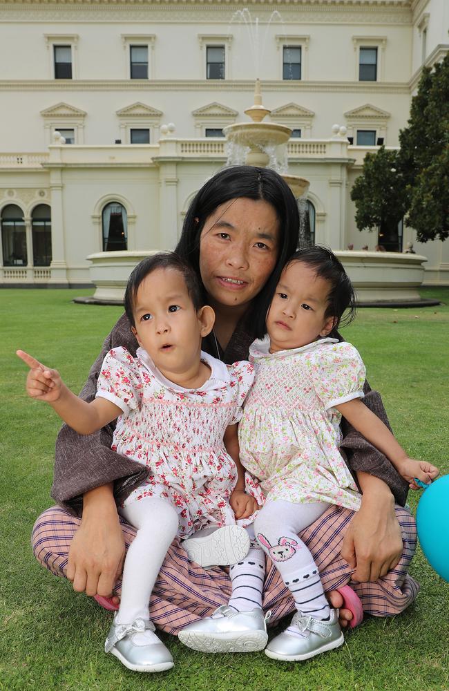 Mum Bhumchu Zangmo with formerly conjoined twins Dawa, left, and Nima, right. Picture: Alex Coppel