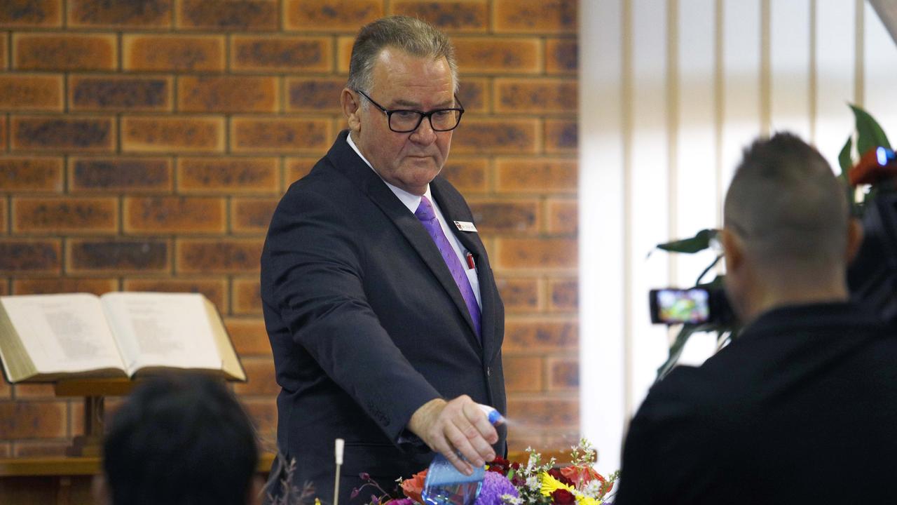 Friends and family attend the funeral of well-known Gold Coast man Ian Gal at Nerang Uniting Church on Thursday morning. Picture: Tertius Pickard