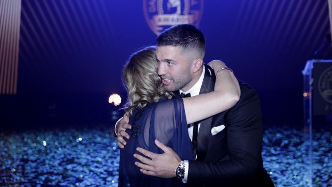 James Tedesco celebrates with his mother Rosemary after winning the Dally M Medal. Picture: Getty Images