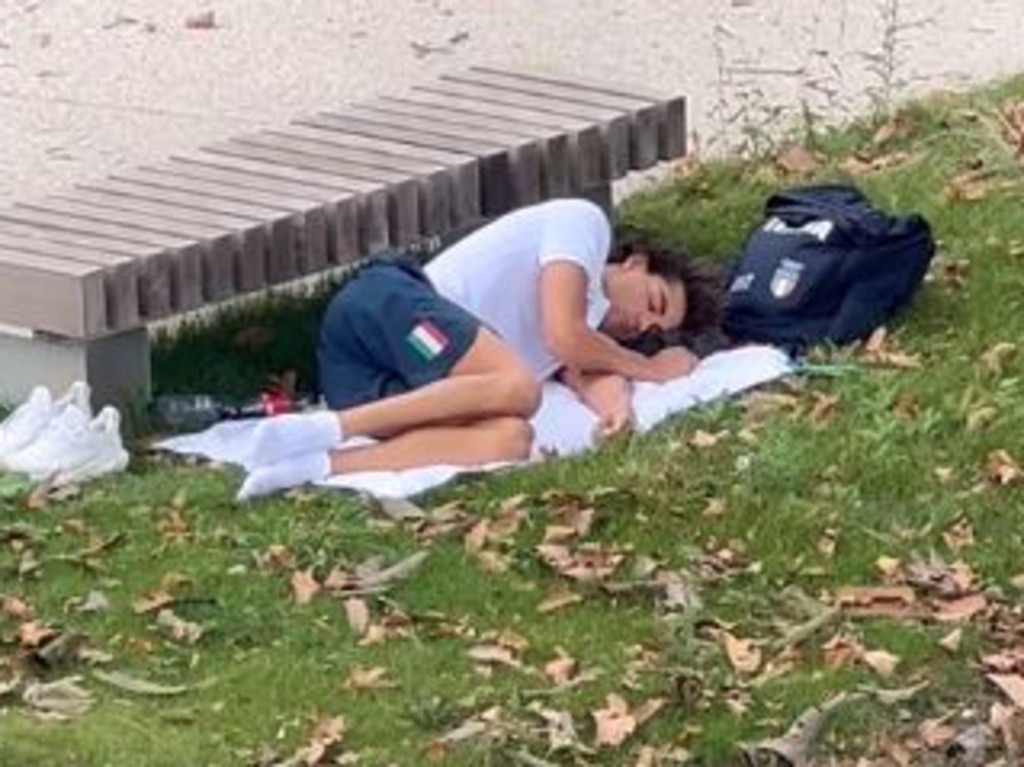 Thomas Ceccon sleeping on a towel. Picture: huseinalireza/Instagram