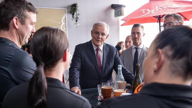 Prime Minister Scott Morrison meets with stakeholders and associated with the Ipswich Second River Crossing and Ripley Valley Football Club to announce funding at Fourth Child Cafe in Ipswich. Picture: Jason Edwards