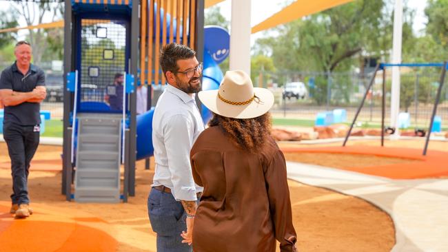 Alice Springs Town Council Mayor Matt Paterson with federal minister for Indigenous Australians Malarndirri McCarthy at the new Alice Springs adventure park, October 17, 2024. Picture: Alice Springs Town Council