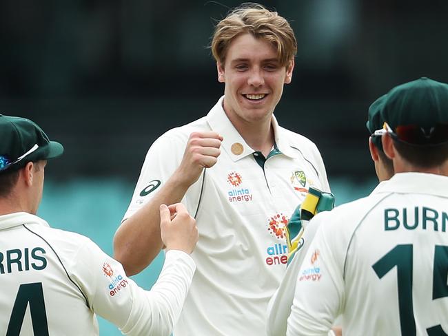 SYDNEY, AUSTRALIA - DECEMBER 11: Cameron Green of Australia A celebrates with team mates after claiming the wicket of Shubman Gill of India during day one of the tour match between Australia A and India at Sydney Cricket Ground on December 11, 2020 in Sydney, Australia. (Photo by Brendon Thorne/Getty Images)