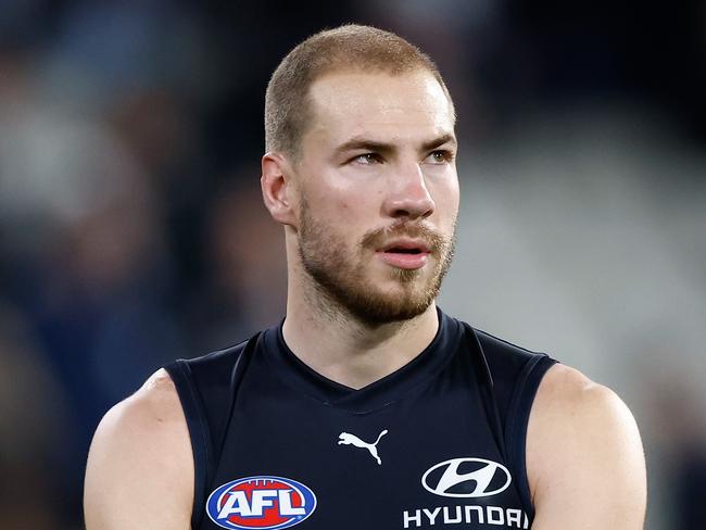 MELBOURNE, AUSTRALIA - MAY 03: Harry McKay of the Blues looks dejected after a loss during the 2024 AFL Round 08 match between the Carlton Blues and the Collingwood Magpies at The Melbourne Cricket Ground on May 03, 2024 in Melbourne, Australia. (Photo by Michael Willson/AFL Photos via Getty Images)