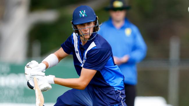 BALLARAT, AUSTRALIA - JANUARY 04: Alex Turner during the 2024 Cricket Australia Under 17 Male National Championships Round 01 Match between Victoria Metro and Australian Capital Territory at CE Brown Reserve on January 04, 2024 in Ballarat, Australia. (Photo by Dylan Burns Photography)