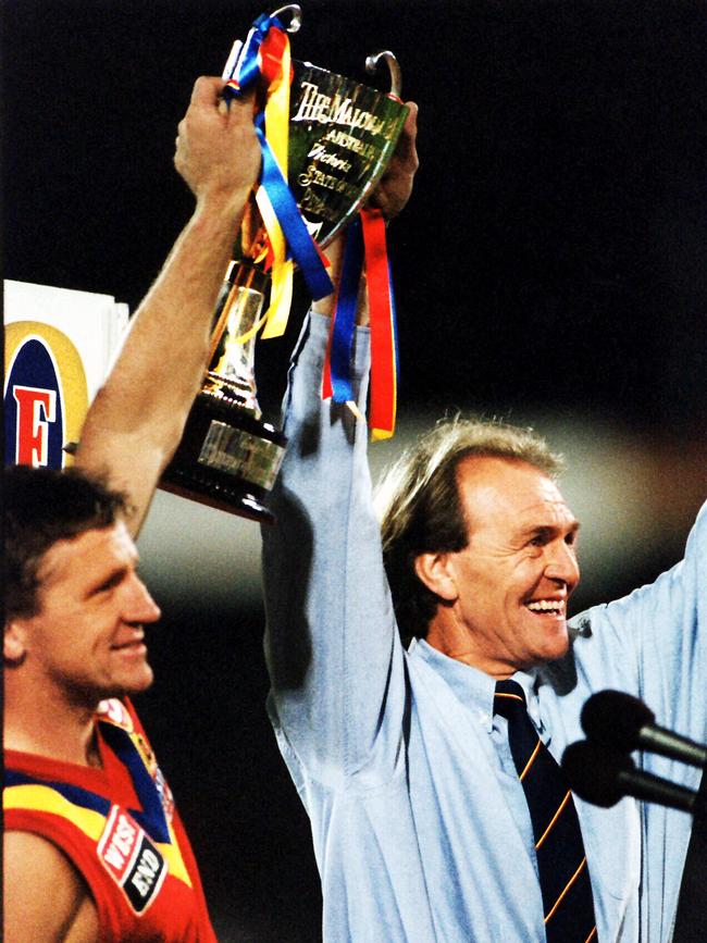 Graham Cornes (r) with Chris McDermott holding Malcolm Blight Cup. Football – SA vs Vic state of origin match 1994.