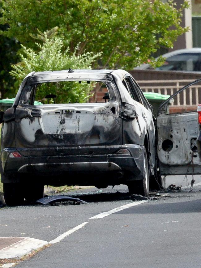 A burnt out car at the Condell Park crime scene. Picture: Jeremy Piper