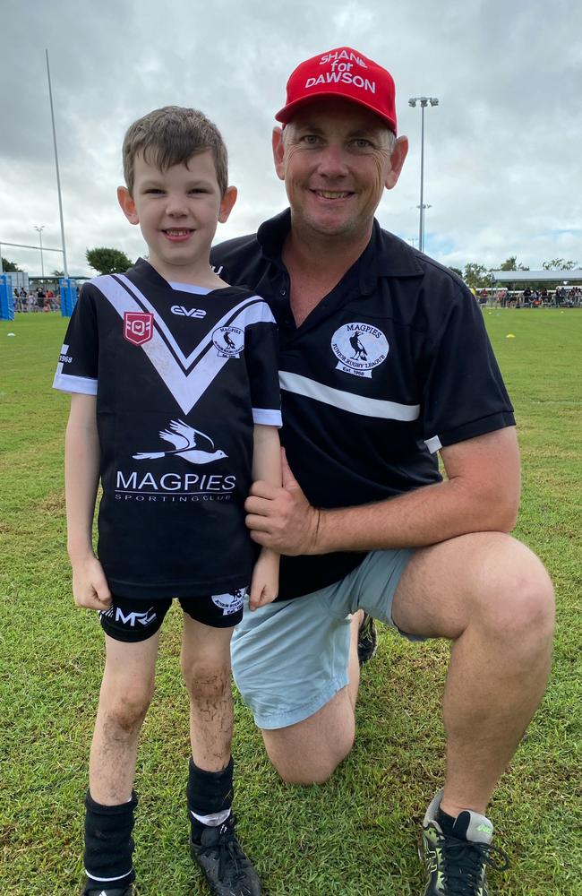 Labor Dawson candidate Shane Hamilton and son Beau, 6, who plays for the U6 Magpies. Mr Hamilton coached his son's team to a win before hitting the voting booths. Federal election 2022. Saturday, May 21, 2022. Picture: Tara Miko