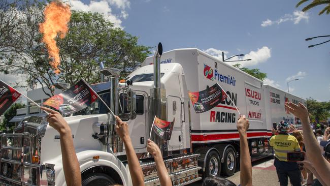 Transporters on Tedder, as all the big rigs of Supercars teams drive down Main BeachÃ•s Tedder Avenue. Picture: Glenn Campbell