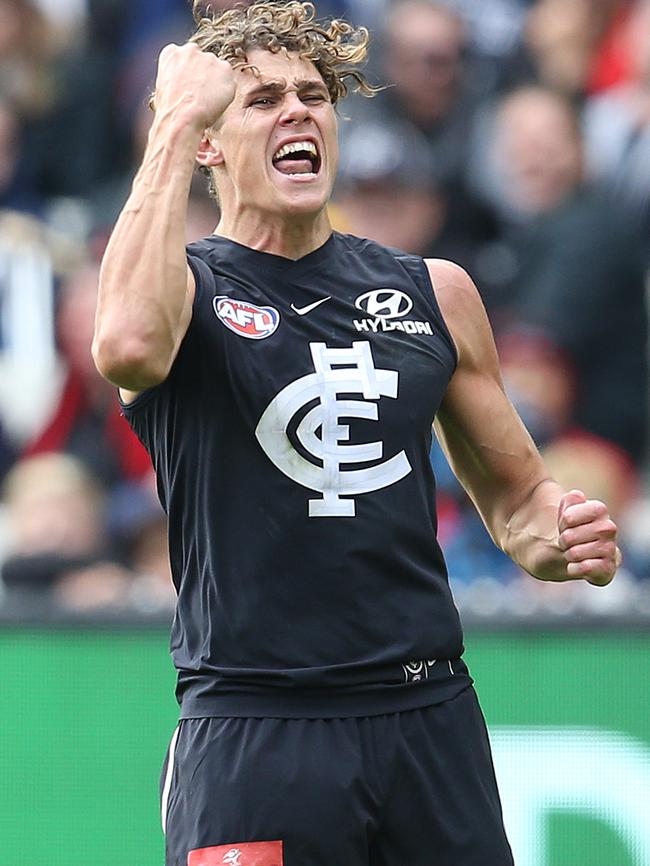 Charlie Curnow celebrates a big goal. Picture: Michael Klein