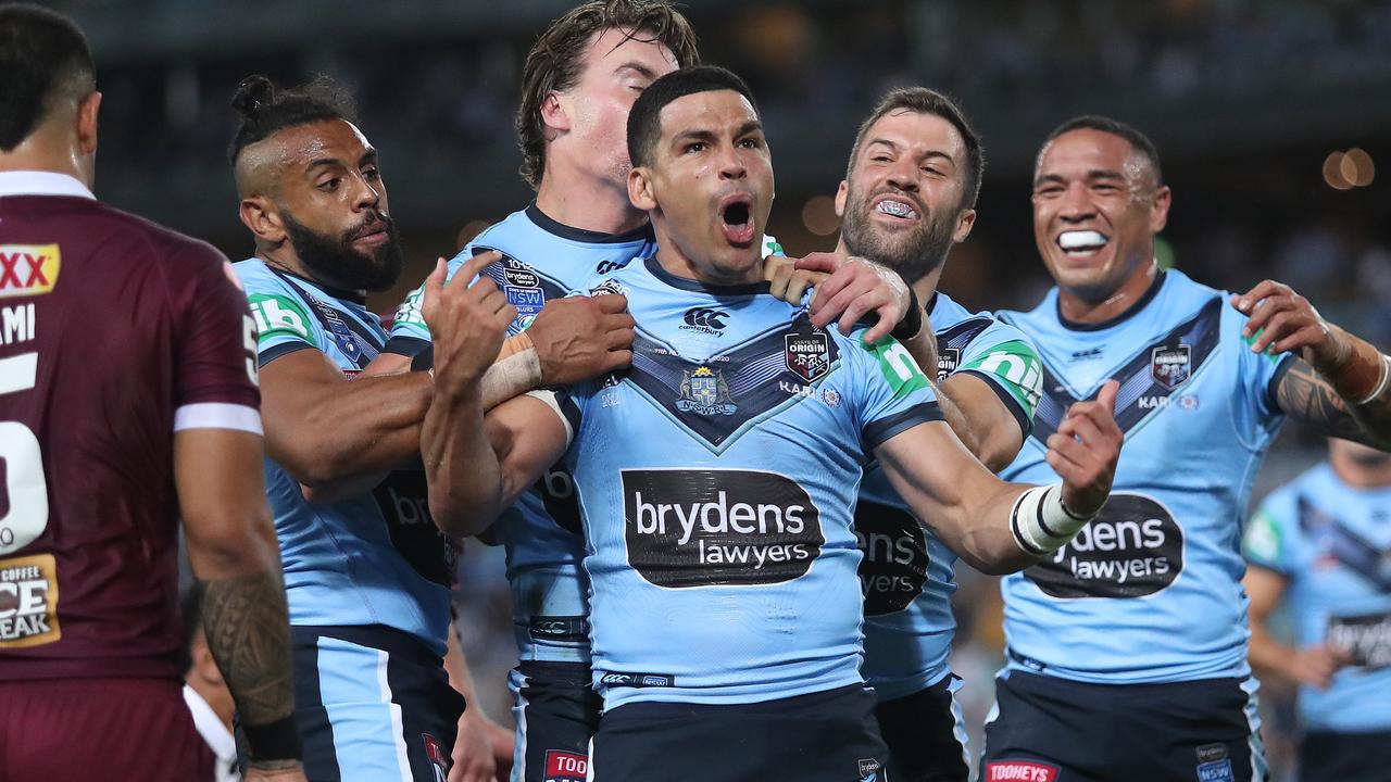 NSW's Cody Walker scores a try during their Origin II win at ANZ Stadium.