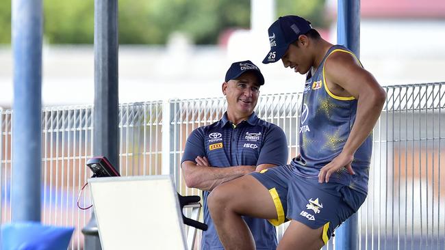 Clint Zammit and Murray Taulagi. Cowboys first 2019/20 pre-season training session at Townsville Sports Reserve. PICTURE: MATT TAYLOR.