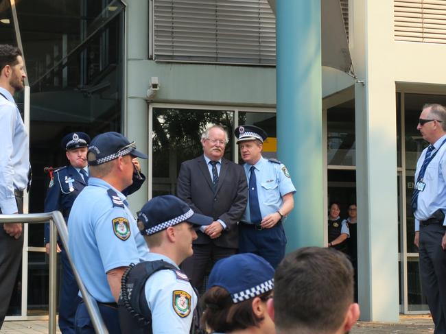 Superintendent Tony Joice presents police prosecutor Sergeant Richard Taylor at his piping out parade. Picture: Richard Noone