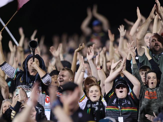 SYDNEY, AUSTRALIA - APRIL 09:  Panthers fans show their support during the round five NRL match between the Penrith Panthers and the Canberra Raiders at BlueBet Stadium on April 09, 2021, in Sydney, Australia. (Photo by Mark Kolbe/Getty Images)