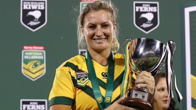 Ruan Sims poses with the trophy the Jillaroos beat Ferns in the women’s ANZAC Test match.