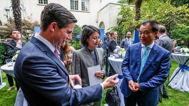 Trade Minister Simon Birmingham greets Shanghai Cred chairman Gui Guojie at the Australian consulate yesterday. Picture: Department of Foreign Affairs and Trade.