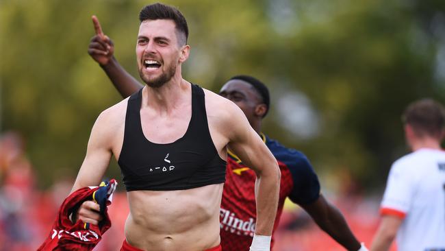 Tomi Juric of Adelaide United celebrates after scoring his team’s first goal against Melbourne City Picture: Getty Images