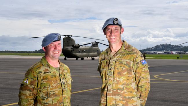 The new Commanding Officer of Fifth Aviation Regiment Lieutenant Colonel Richard Bremner with the former Commanding Officer Lieutenant Andrew Lean after a handover ceremony. Picture: Evan Morgan