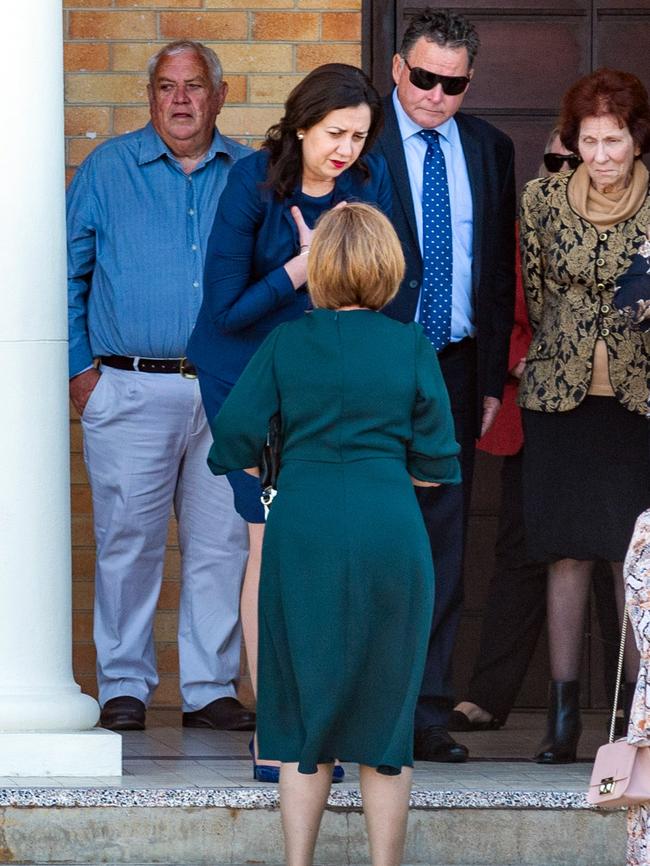 Former Mackay MP Tim Mulherin’s State Funeral. Premier Annastacia Palaszczuk speaks with Erin Mulherin, Tim’s widow. Picture: Daryl Wright