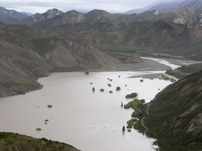 A landslide created a huge dam in the river near Kaikoua. Picture: Mark Mitchell — Pool/Getty Images.