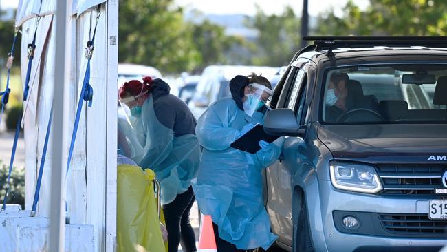 Covid testing continues at Netball SA stadium in Mile End today. Picture: NCA NewsWire / Naomi Jellicoe