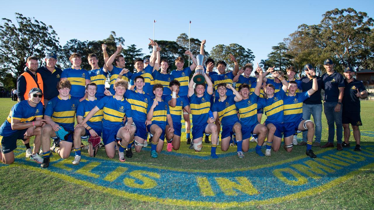 TGS 1st XV celebrate their win in the 2024 O'Callaghan Cup at Downlands College. Photo by Nev Madsen