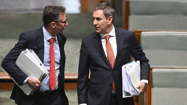 Assistant Treasurer and Minister for Financial Services, Stephen Jones and Federal Treasurer Jim Chalmers in Parliament