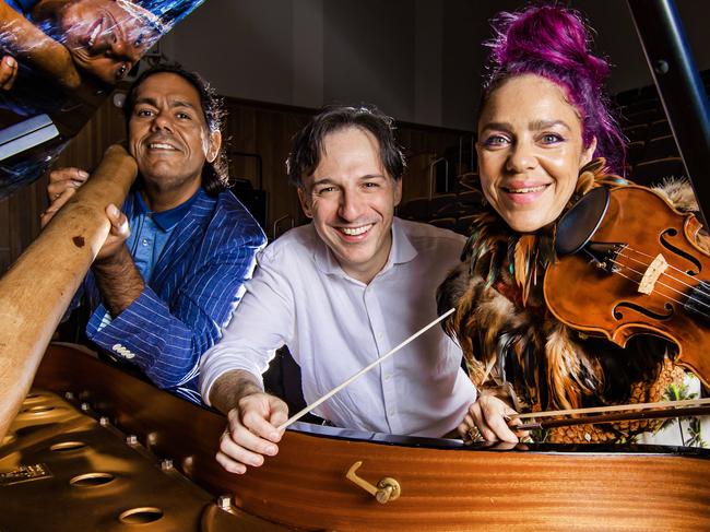 Queensland Symphony Orchestra.FRIDAY PAPER. QSO chief conductor Umberto Clerici (middle) with William Barton and Veronique Serret.Picture: NIGEL HALLETT