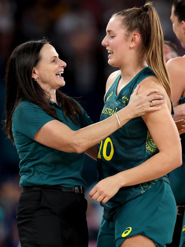 Team Australia head coach Sandy Brondello celebrates with Isobel Borlase. Photo: Gregory Shamus/Getty Images