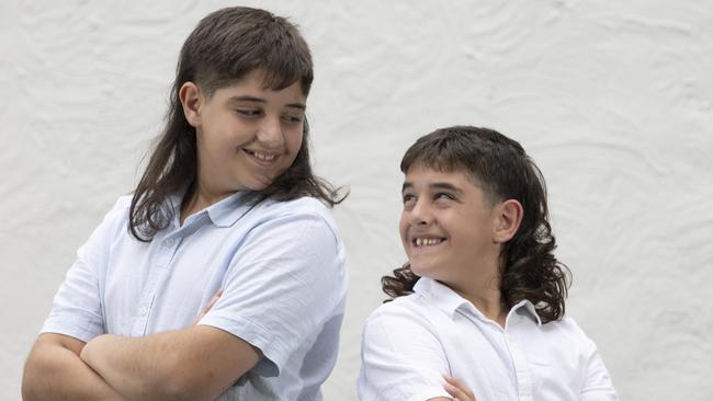 Mullet bros, Christian, 12, and Imanuel, 11, showing off their mullets. Picture: Brett Hartwig