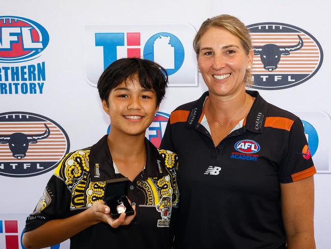 Nightcliff's Peggy Rock with Shannon Miller at the 2023-24 NTFL junior awards night. Picture: Celina Whan / AFLNT Media