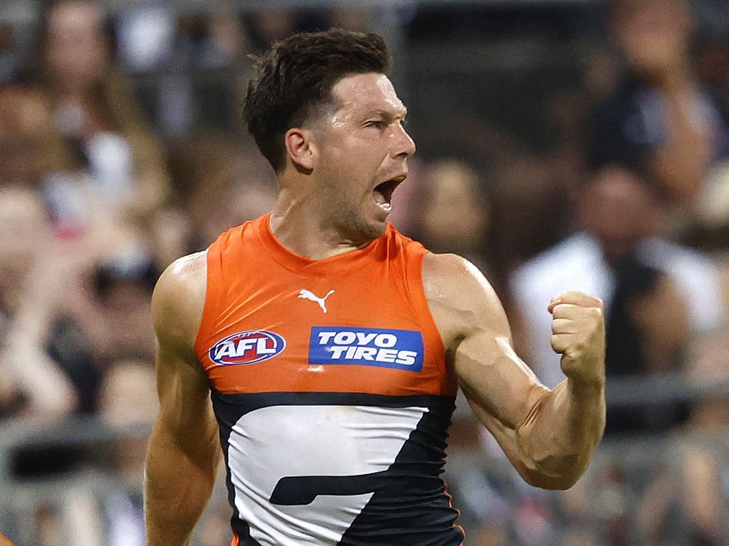 Giants captain Toby Greene celebrates kicking a goal during the AFL Opening Round. Picture: Phil Hillyard.