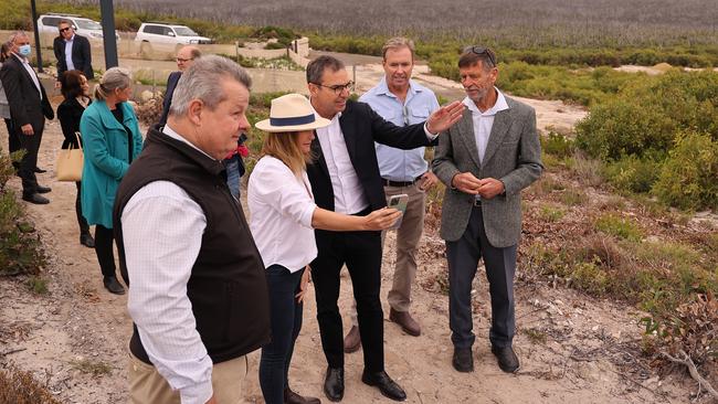 South Australian Premier Steven Marshall and owners Hayley and James Baillie tour the site of the Great Ocean Lodge in Kangaroo Island. Picture: David Mariuz