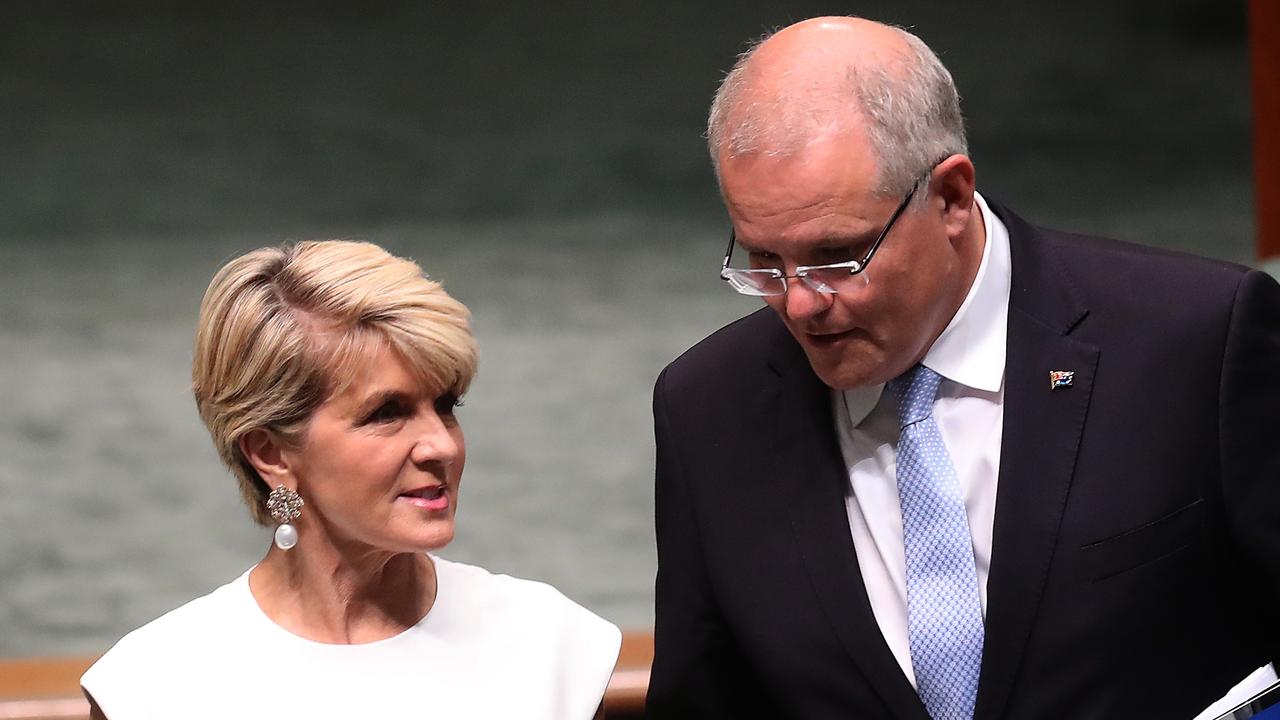 Julie Bishop arrives at Question Time with PM Scott Morrison before her announcement. Picture: AAP