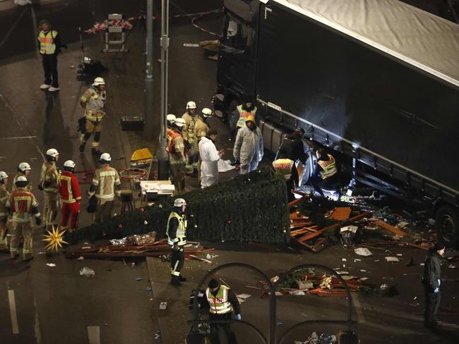 Authorites inspect the scene after a truck sped into a Christmas market in Berlin. Picture: AFP