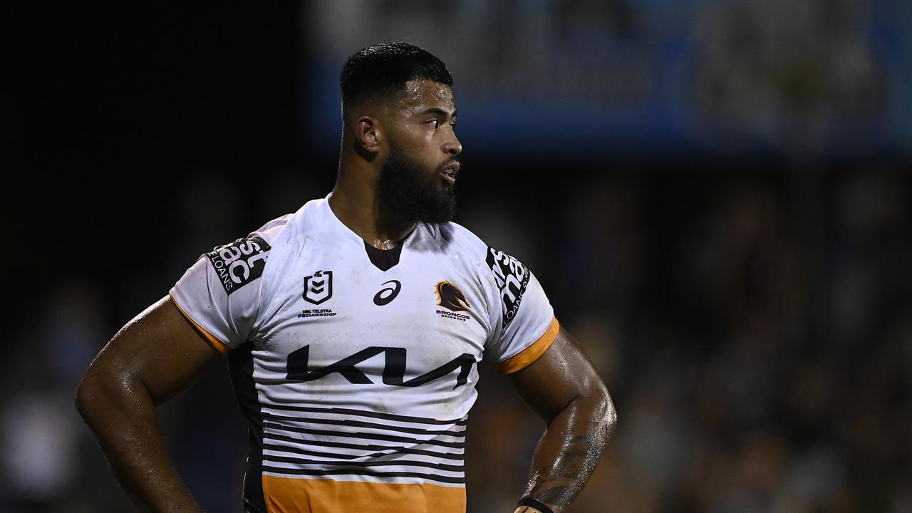 MACKAY, AUSTRALIA - FEBRUARY 26: Payne Haas of the Broncos looks on during the NRL Trial match between the North Queensland Cowboys and the Brisbane Broncos at BB Print Stadium on February 26, 2022 in Mackay, Australia. (Photo by Ian Hitchcock/Getty Images)