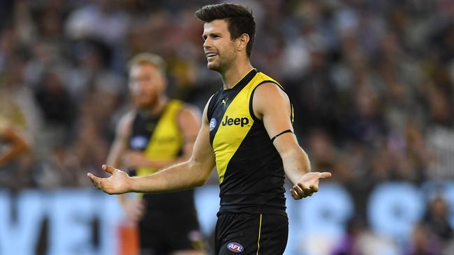 Trent Cotchin reacts after a 50m penalty was awarded against him in Round 1.