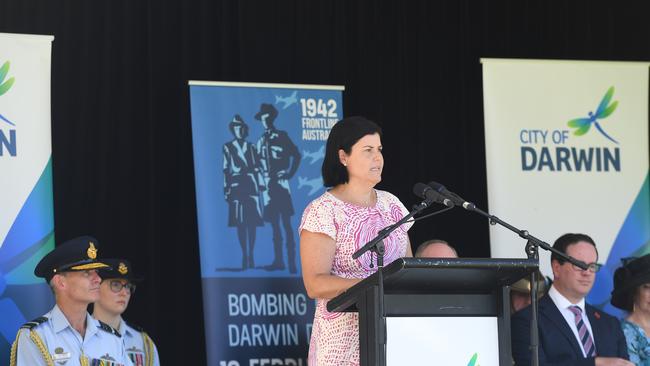 Chief Minister Natasha Fyles at the 81st commemoration of the Bombing of Darwin held at the cenotaph on the esplanade. Picture: (A) manda Parkinson