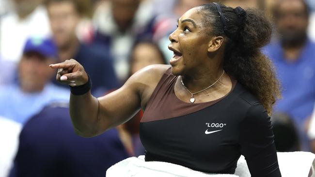 Serena Williams argues with umpire Carlos Ramos during the final. Picture: Getty