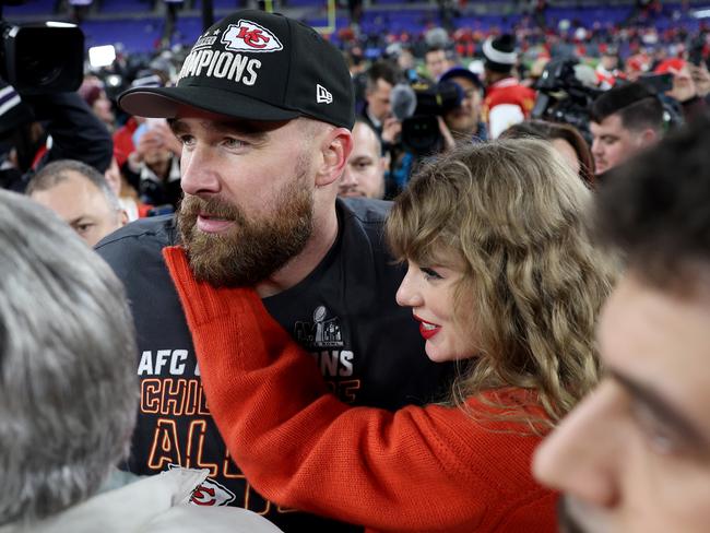 The pop star stayed close to her beau after the Chiefs won. Picture: Patrick Smith/Getty Images