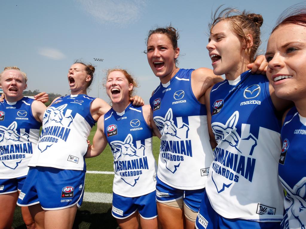 Kangaroos players sing the team song. Picture: Adam Trafford/AFL Media/Getty Images